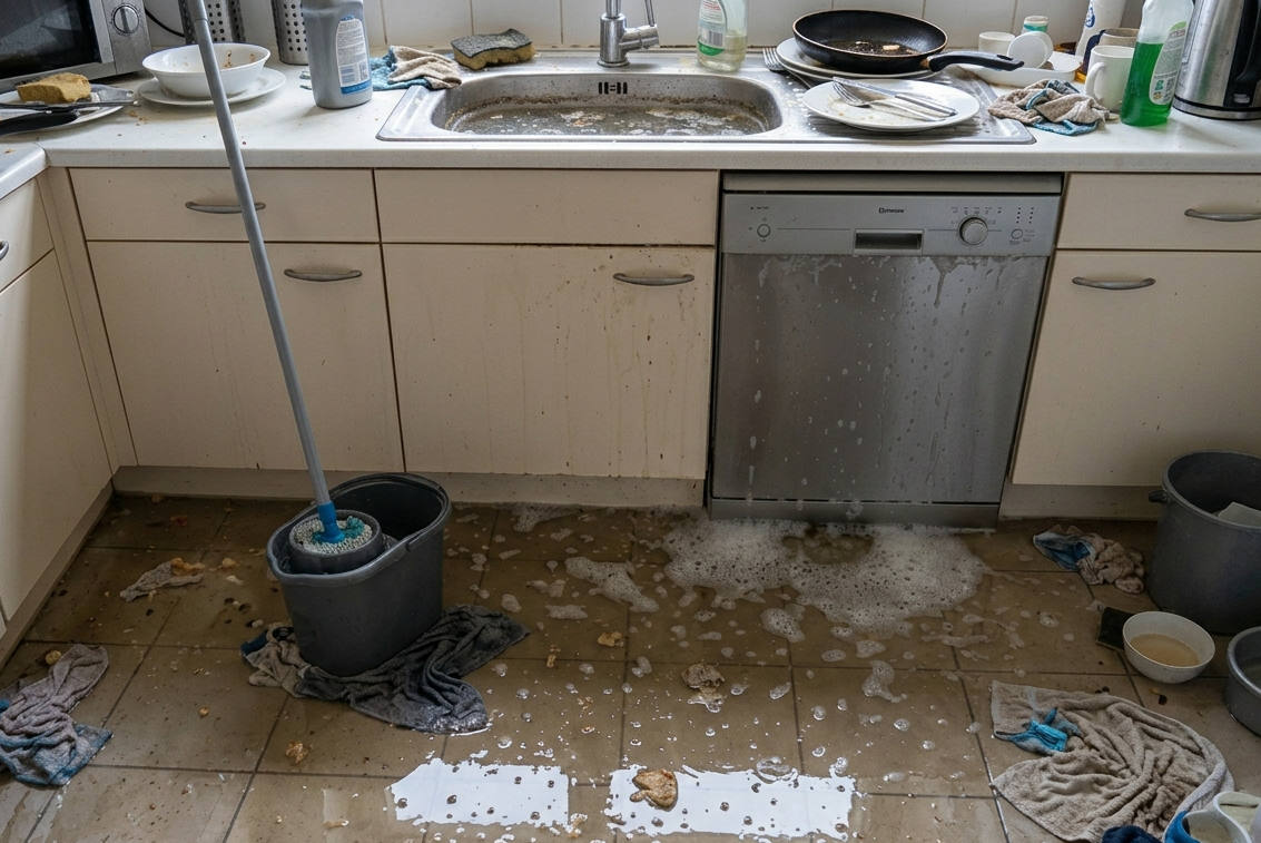 Cocina inundada por atasco de fregadero y lavavajillas.